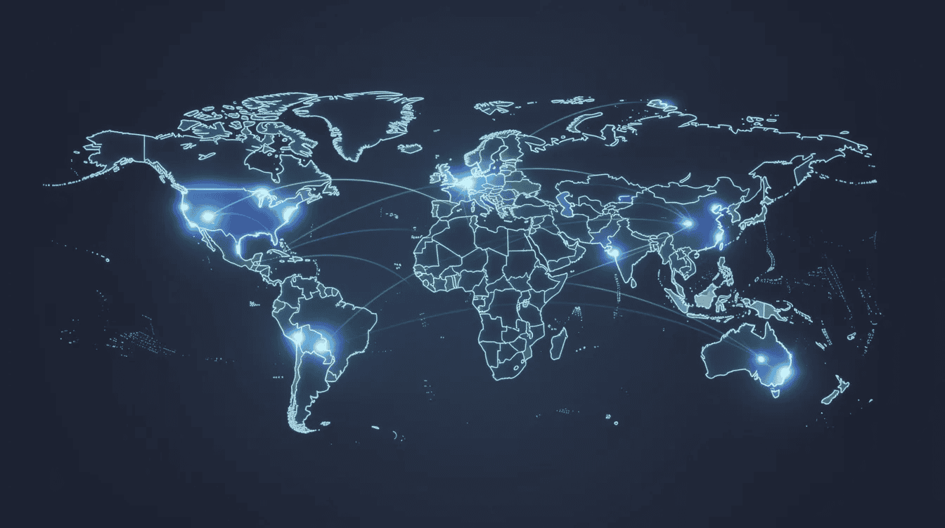 The image depicts a world map illuminated by glowing connection points linking Europe, Africa, South America, and Southeast Asia, symbolizing international data transfers and the interconnectedness of data processing activities across regions. This visual representation highlights the importance of data protection and compliance with applicable data protection laws, ensuring the security of personal data during transfers.