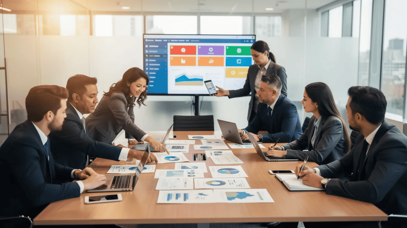 The image shows a diverse team of professionals collaborating around a conference table, actively reviewing documents and screens. This scene highlights teamwork and effective communication, essential for ensuring compliance with data protection laws and managing customer personal data.