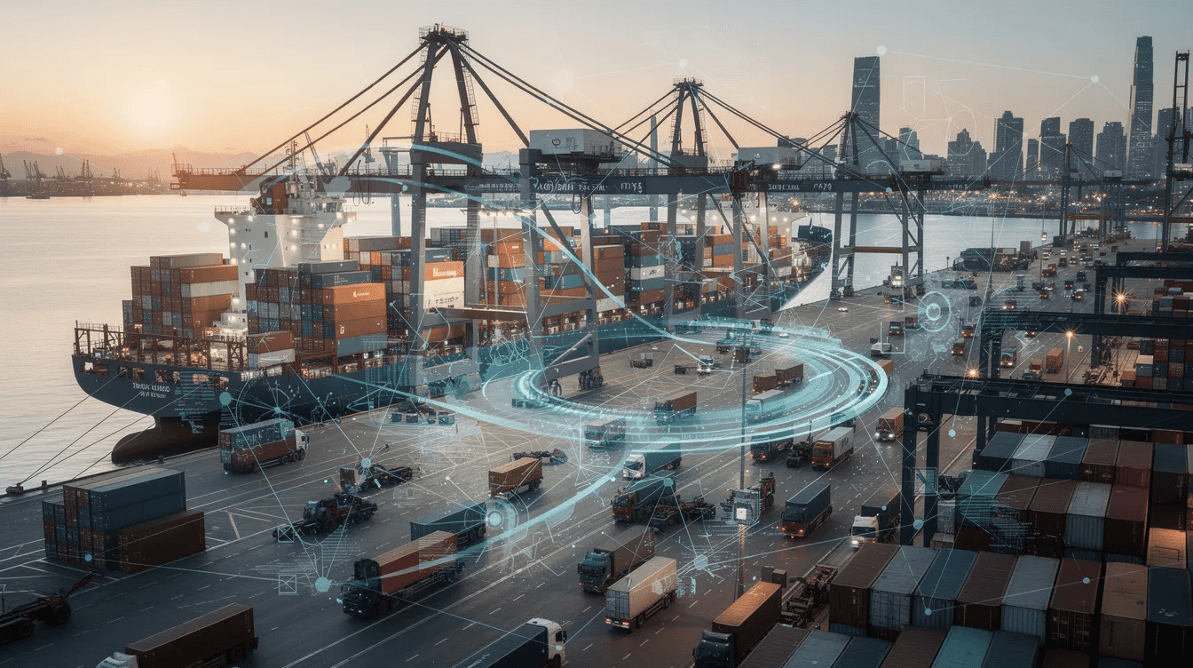 The image depicts a bustling global shipping port filled with colorful cargo containers stacked high, while digital network lines overlay the scene, symbolizing data processing and international data transfers. This visual representation highlights the intersection of logistics and technology, emphasizing the importance of data protection and compliance with applicable data protection laws.