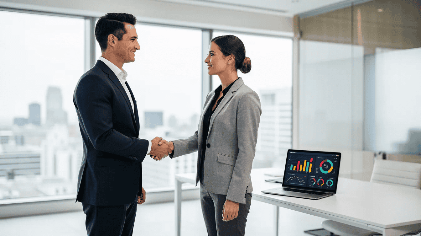 The image depicts two professionals in a modern office environment, engaged in a handshake, symbolizing a successful business agreement. In the background, a laptop displays dashboard analytics, reflecting the importance of data processing and compliance with data protection laws.